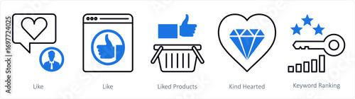 A set of 5 mix icons as like, liked products, kind hearted