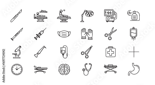 Collection of medical and surgical instruments silhouette icons