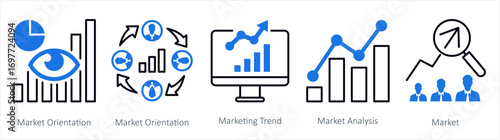 A set of 5 mix icons as market orientation, marketing trend, market analysis