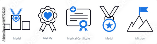 A set of 5 mix icons as medal, loyality, medical certificate