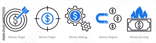 A set of 5 mix icons as money target, money making, money magnet