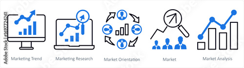 A set of 5 mix icons as marketing trend, marketing research, market orientation