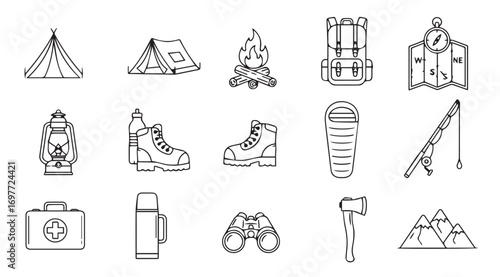 Collection of outdoor camping and hiking gear icons silhouette