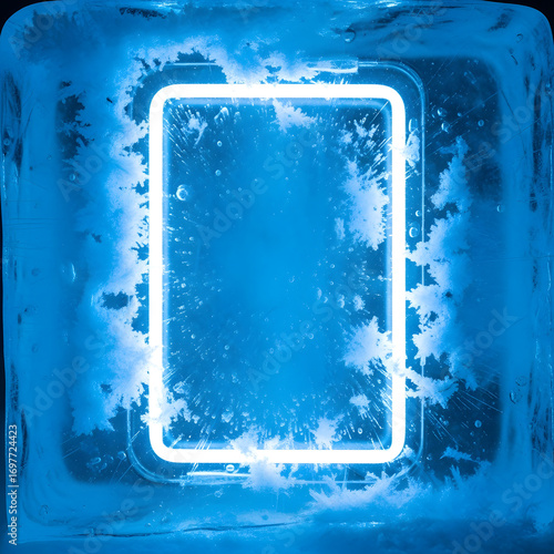 Frozen Light Frame: An artistic and visually striking neon light encased in ice, exuding a cool, ethereal glow, perfect for a minimalist background.