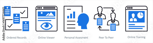 A set of 5 mix icons as ordered record, online viewer, personal assessment
