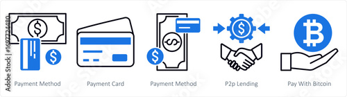 A set of 5 mix icons as payment method, payment card, p2p lending