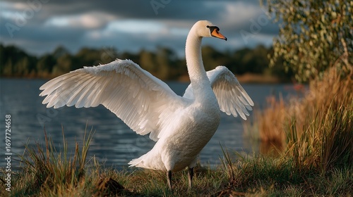White swan standing on lakeside grass with wings spread, blue sky green trees background, sunlight highlighting feather details