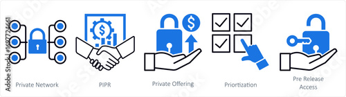 A set of 5 mix icons as private network, pipr, private offering