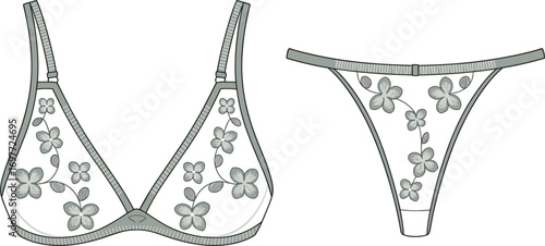 White Floral Lace Bra and Thong Lingerie Set Fashion Illustration underwear