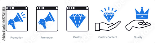 A set of 5 mix icons as promotion, quality, quality control