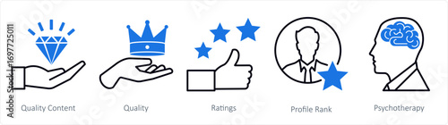 A set of 5 mix icons as quality content, quality, ratings