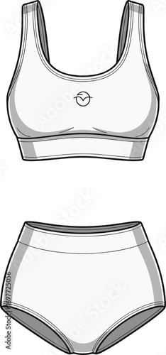 White Sports Bra and High- Waisted Briefs with Logo Fashion Illustration underwear