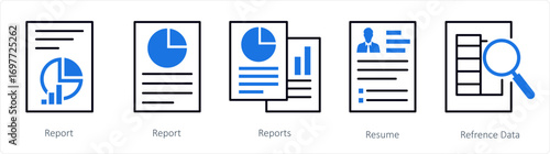 A set of 5 mix icons as report, resume, refrence data