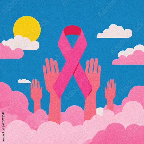 Supportive Hands Lifting Breast Cancer Ribbon Under Hopeful Sky Vector,generative ai