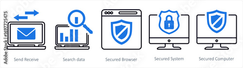 A set of 5 mix icons as send receive, search data, secured browser