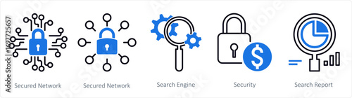 A set of 5 mix icons as secured network, search engine, security