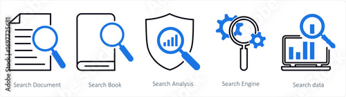 A set of 5 mix icons as search document, search book, search analysis