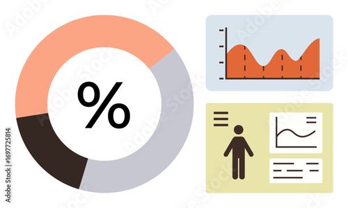 Pie chart with percentage, fluctuating line graph, and infographic featuring a person and data charts. Ideal for analytics, statistics, presentation, business, reporting, management and strategy