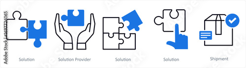 A set of 5 mix icons as solution, solution provider, shipment