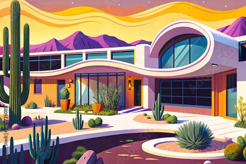 exterior architectural illustration of a luxury home featuring organic cement curves, minimalist lines, and a surrounding desert landscape, ideal for modern design projects, contemporary artwork