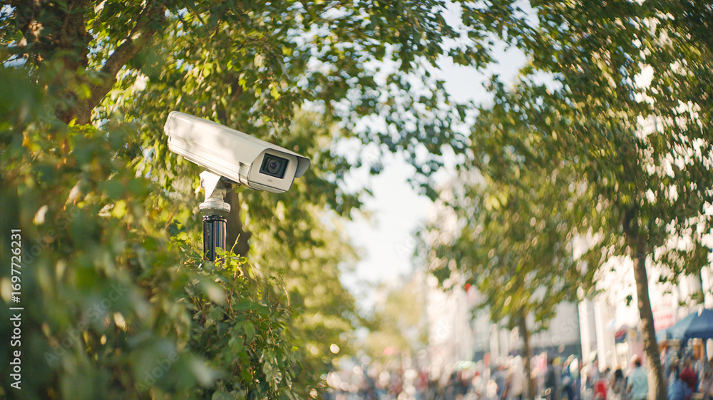 Street CCTV camera mounted against leafy street with pedestrians — urban security and public monitoring Street CCTV camera mounted against leafy street with pedestrians — urban security and public monitoring