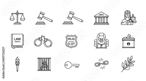 Collection of justice and law icons in a distinctive silhouette style
