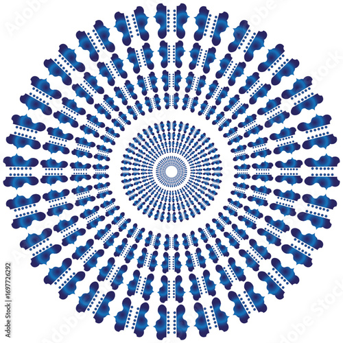 Blue ornamental vintage fractal floral pattern on a swirling white and blue textured background