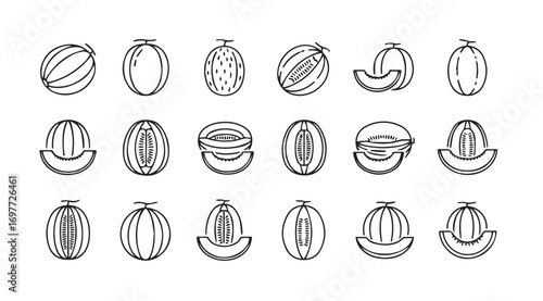 Collection of stylized oval fruit and vegetable silhouettes in a grid layout