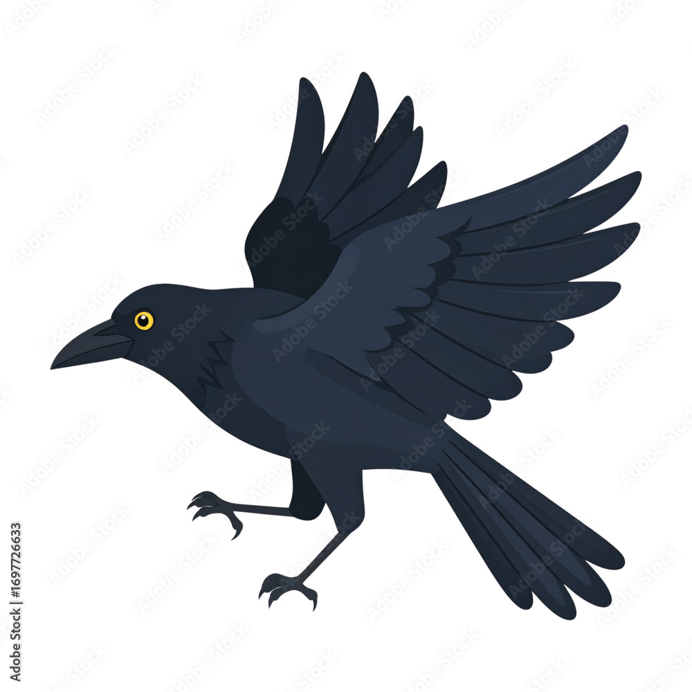 Obraz premium Vector illustration of a black crow with spread wings flying on a white background