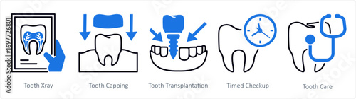 A set of 5 mix icons as tooth xray, tooth capping, tooth transplantation