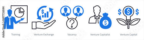 A set of 5 mix icons as training, venture exchange, vacancy