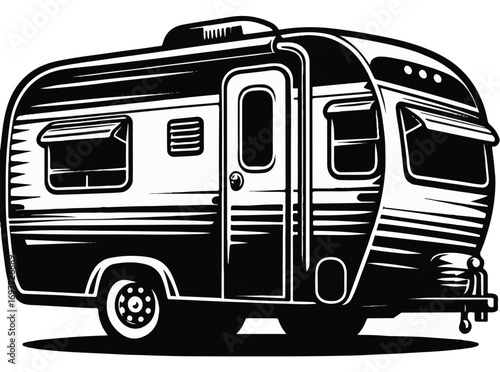 Black and white vintage travel trailer illustration, featuring a classic camper with windows, door, and awning, ready for adventure.