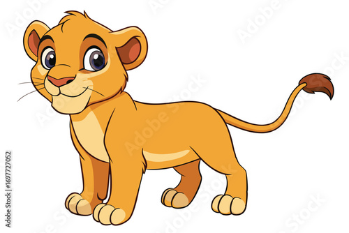 Adorable Cartoon Lion Cub Standing, Smiling on White Background