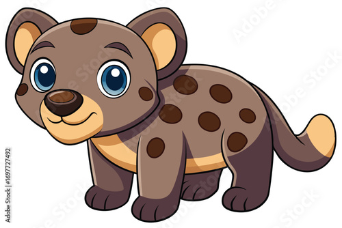 Adorable Spotted Hyena Cub Cartoon, Brown Fur and Cute Blue Eyes on White BG