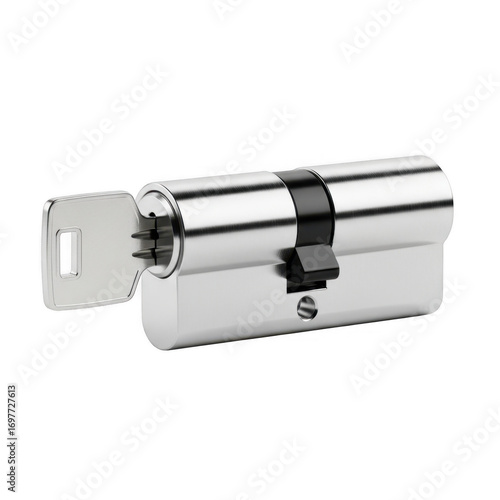 Close up shot of a shiny silver lock cylinder with key inserted against transparent