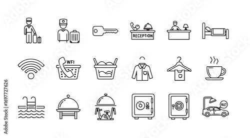 Collection of hotel service icons in a sketchy silhouette style