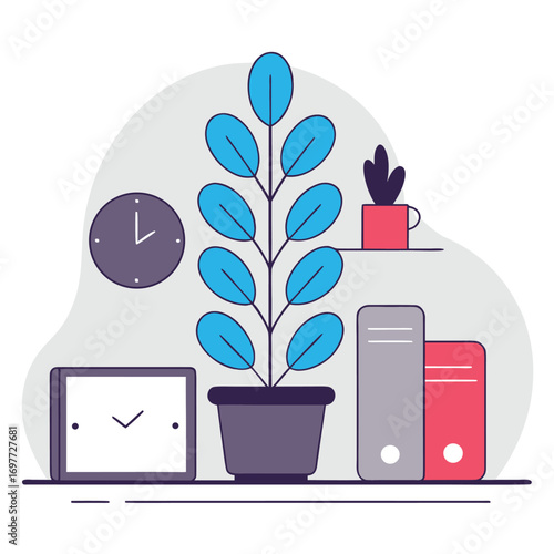 Modern office workspace illustration with a large indoor plant, clock, and office supplies