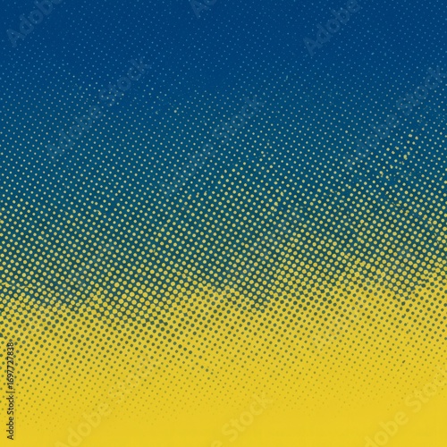 Retro pop art background featuring a vibrant blue and yellow diagonal gradient with a classic halftone dot screen print texture effect