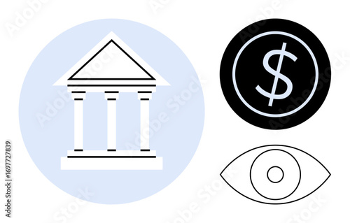 Bank building icon, dollar sign in black circle, and abstract eye outline representing financial institution, money, monitoring. Ideal for banking, finance, economy, security surveillance