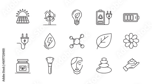 Collection of eco friendly and sustainable living icons in silhouette