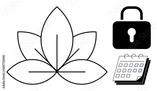 Lotus flower, lock icon, and calendar align themes of balance, privacy, and time management. Ideal for wellness, protection, planning self-care mindfulness organization holistic security. Simple