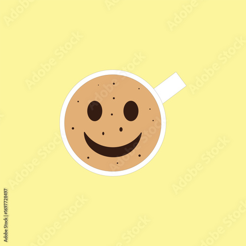 Smiling latte coffee cup with foam art vector illustration. Top view. International Coffee Day