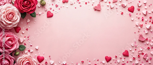 Frame made of rose flowers, confetti on pink background. Valentine's Day background.