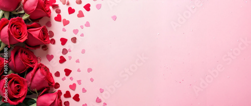 Frame made of rose flowers, confetti on pink background. Valentine's Day background.