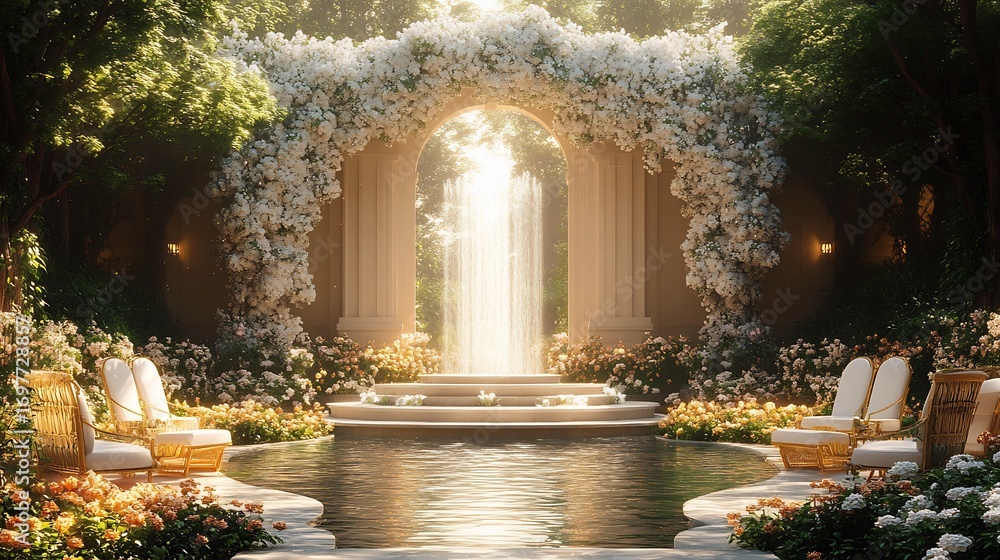 Fototapeta premium Luxurious garden decor invitation featuring white floral arches golden chairs and a central fountain surrounded by blooming flower beds The theme reflects elegance and natural beauty