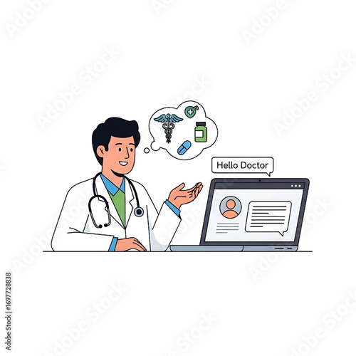 Flat style vector of a doctor providing remote consultation through a laptop, ideal for telehealth or digital health content.