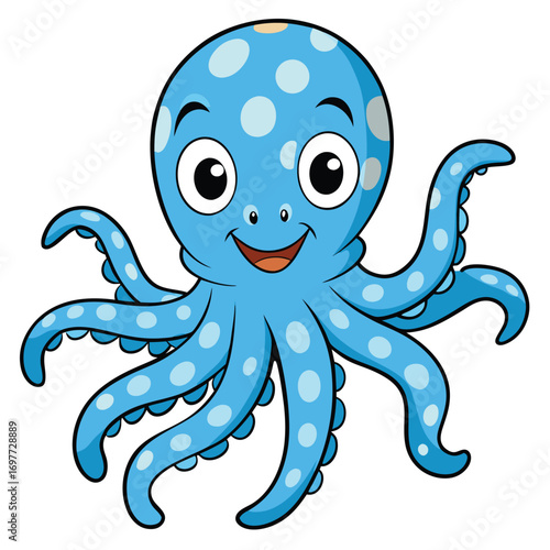 Cartoon Blue Octopus with White Spots Isolated on White Background