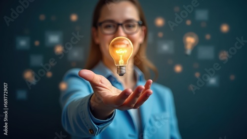 A woman holds a glowing light bulb aloft, symbolizing a new idea and inspiration.  The warm light contrasts with a dark background, showcasing a moment of intellectual insight.