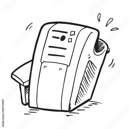 Illustration of a vintage industrial shredder machine in black and white line art style