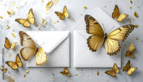 Golden butterflies on white envelopes